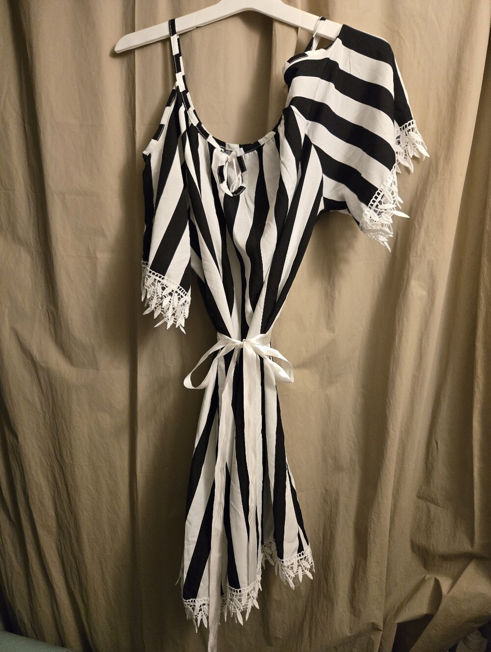 Elle Black and White Striped Midi Dress with Lace Trim